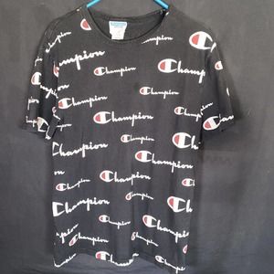 Vintage Champion All Over Print Black Shirt Size Medium 100 % Cotton